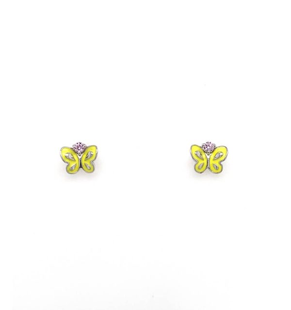 Kinderohrstecker in Silber 925/000 mit gelbem Schmetterling und rosa Zirkonia