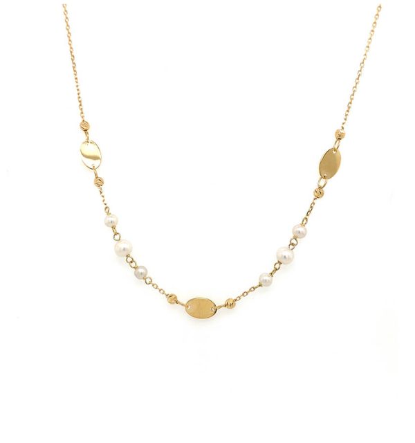 Collier in Gelbgold 585/000 mit Süßwasserperlen, Plättchen und Kugeln