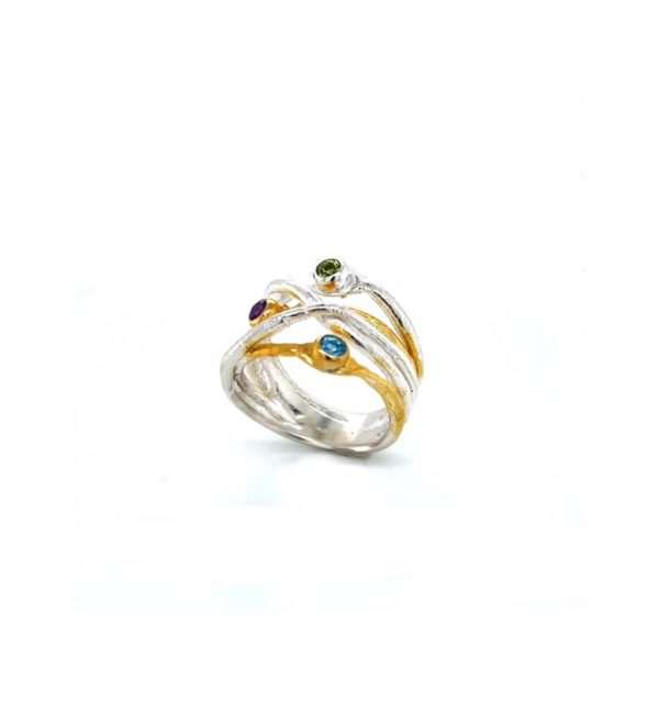 Ring von Eva Stone in Silber 925/000 vergoldet mit blauen Topas, Peridot und Amethyst