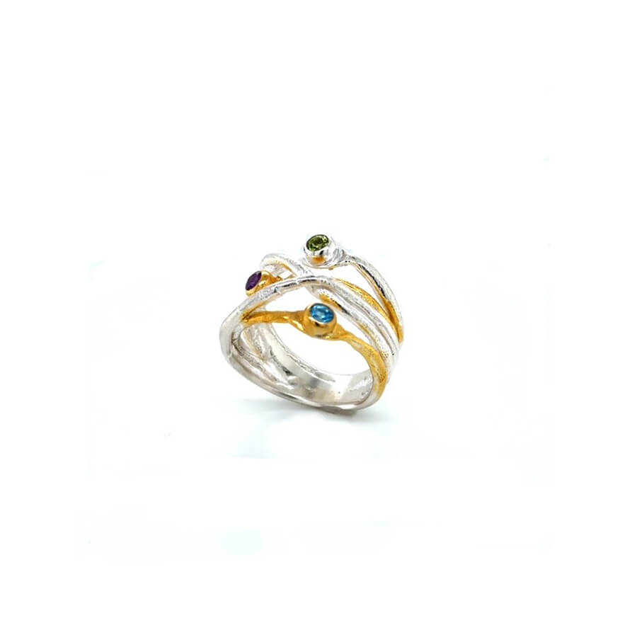 Ring von Eva Stone in Silber 925/000 vergoldet mit blauen Topas, Peridot und Amethyst