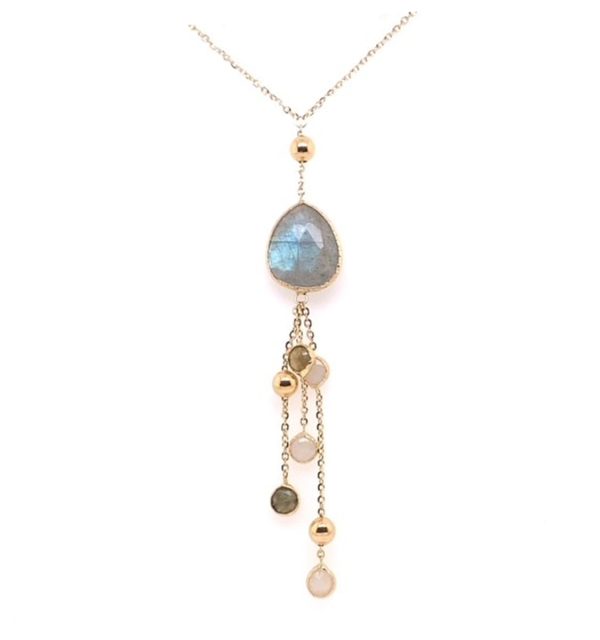 Collier in Gelbgold 585/000 mit Labratorit und Rosenquarz