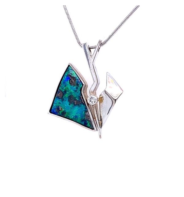 Collier Weißgold 585/000 mit Anhänger aus Boulder Opal und Brillant